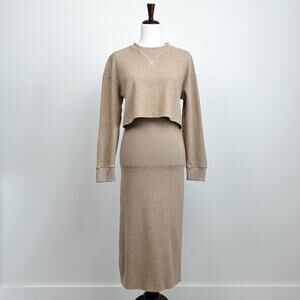 Zara Sweatshirt Midi Skirt Tan Soft Knit Matching Set